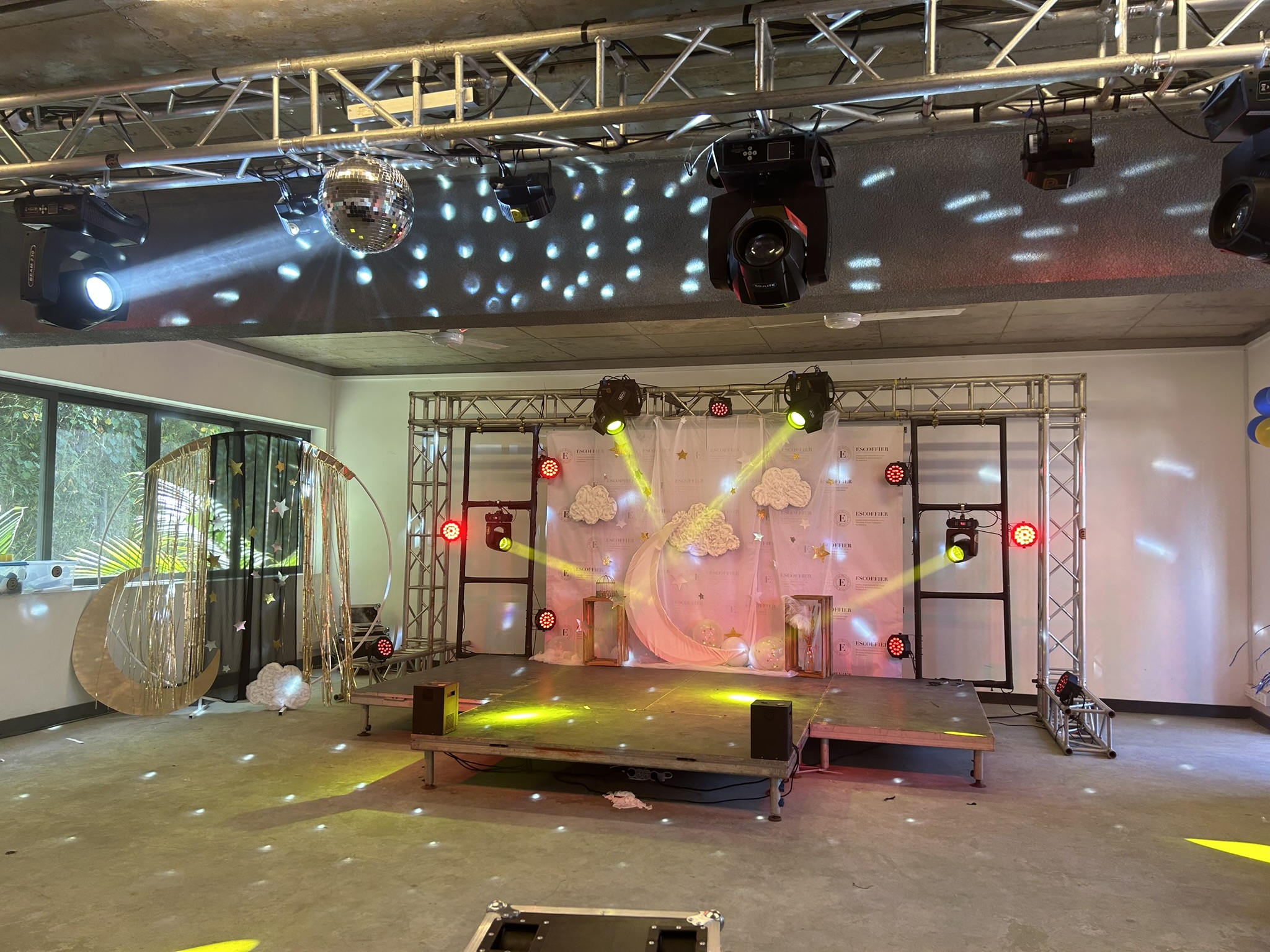 Light show setup at escoffier.